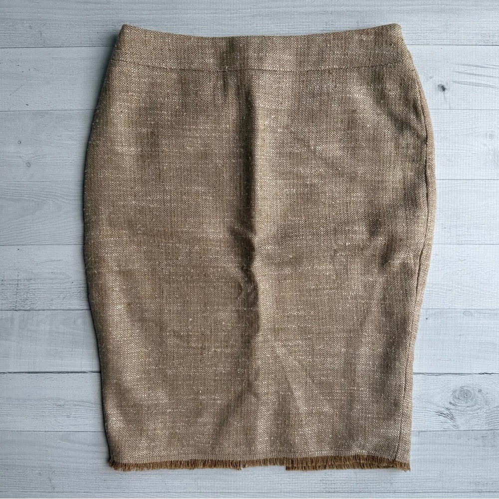 Vintage Escada Silk & Linen Tan Tweed Pencil Skirt with Fringe Detail Size 34